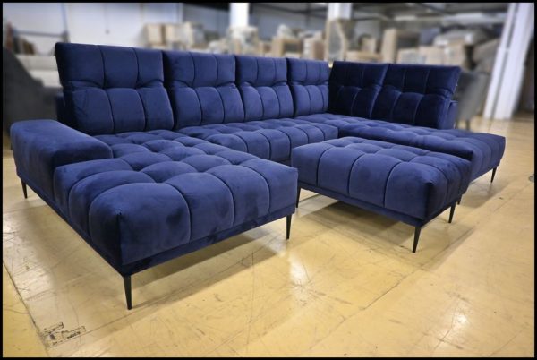 Exxpo Grenada Ecksofa – Blaues Samtsofa mit Hocker & Kopfteilverstellung – Bild 3