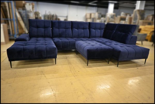 Exxpo Grenada Ecksofa – Blaues Samtsofa mit Hocker & Kopfteilverstellung – Bild 7
