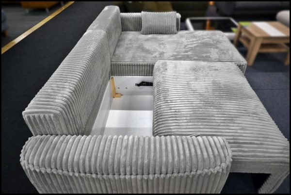 Pia Ecksofa Grau Cord – Sofa mit Federkern, Bettfunktion & Bettkasten – Bild 2