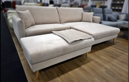 Polsterecke Samt Beige Natur Federkern Ecksofa mit Hocker, Kissen, Maße 283x186 cm und Holzfüßen
