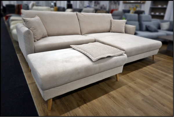 Polsterecke Samt Beige Natur Federkern Ecksofa mit Hocker, Kissen, Maße 283x186 cm und Holzfüßen