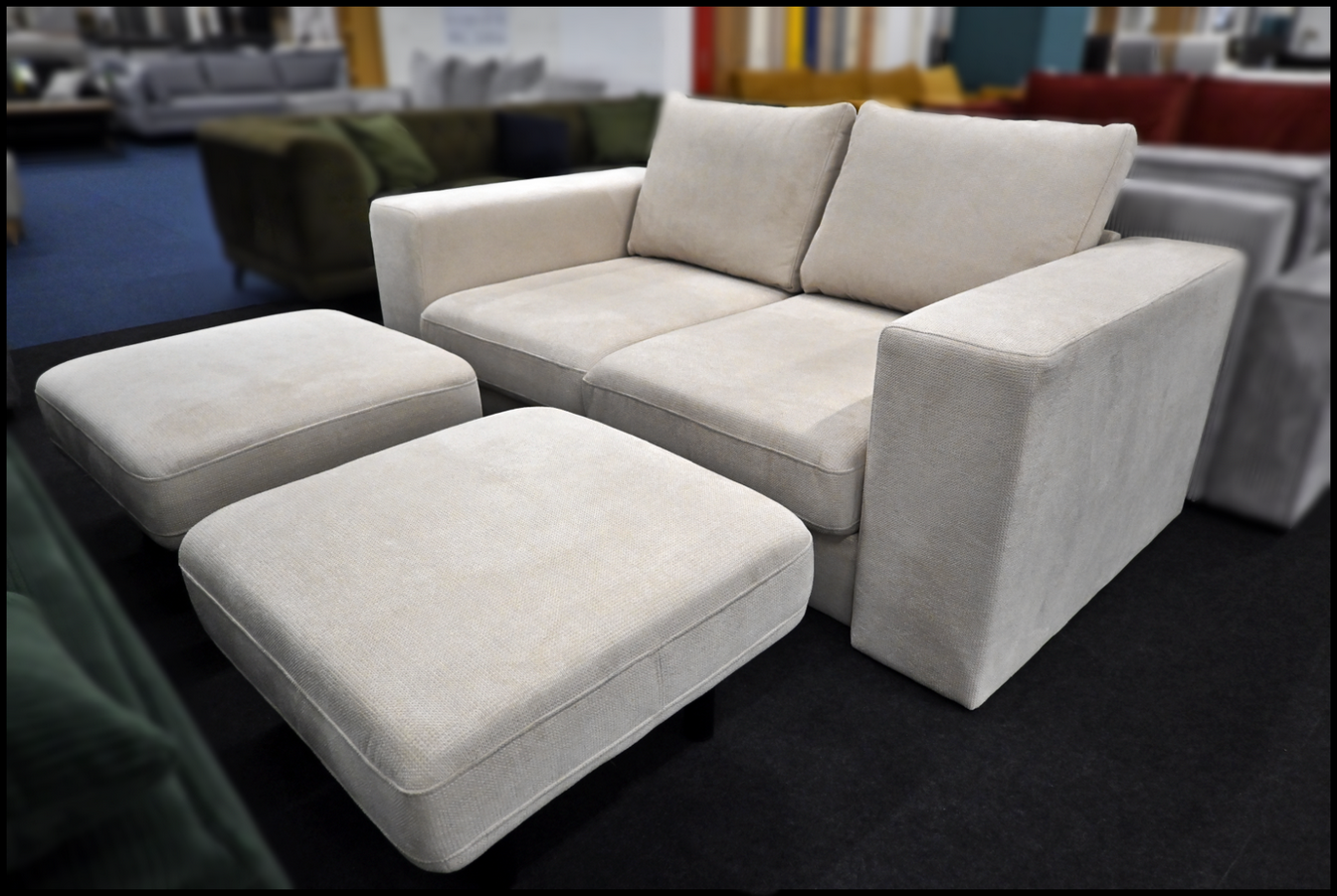 Schlafsofa Looks Creme Federkern Zweisitzer mit 2x Hockern, Bettfunktion, Maße 192x107 cm und schwarzen Metallfüßen