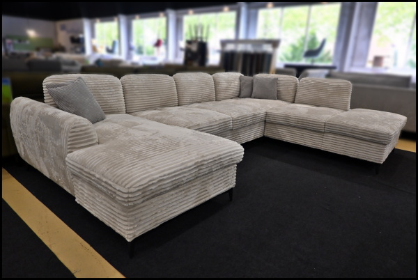 Wohnlandschaft Bergen 2.0 in Plüschcord Natur Beige, mit Bettfunktion und Stauraum, Abmessungen 180x380x270 cm