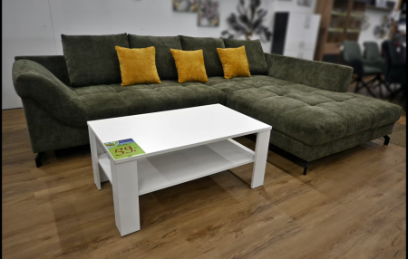 Grüne Polsterecke 306×203 cm aus Webstoff mit Federkern, Kissen-Set und schwarzen Metallfüßen