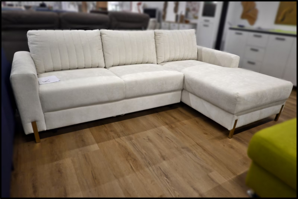 Polsterecke Creme Beige Federkern Bett Ecksofa mit Bettfunktion, Bettkasten, Maße 247x162 cm und goldenen Metallfüßen