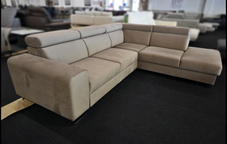 Polsterecke Pando Samt Natur Creme Grau Ecksofa mit Federkern, verstellbaren Kopfteilen, Bettfunktion, XL Bettkasten, Maße 272x230 cm