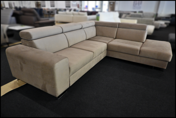 Polsterecke Pando Samt Natur Creme Grau Ecksofa mit Federkern, verstellbaren Kopfteilen, Bettfunktion, XL Bettkasten, Maße 272x230 cm