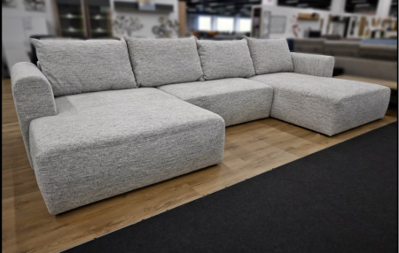 Graue Wohnlandschaft MF4 (188 × 400 × 173 cm) aus Webstoff mit Federkern, Bettfunktion, Bettkasten, Kissen und schwarzen Kunststofffüßen