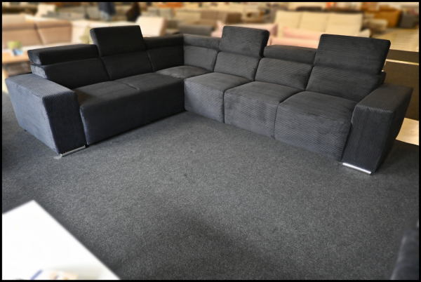 Sofa Evita in Schwarz aus Cord mit Federkern und verstellbaren Kopfteilen – moderne Polsterecke, rückenecht bezogen