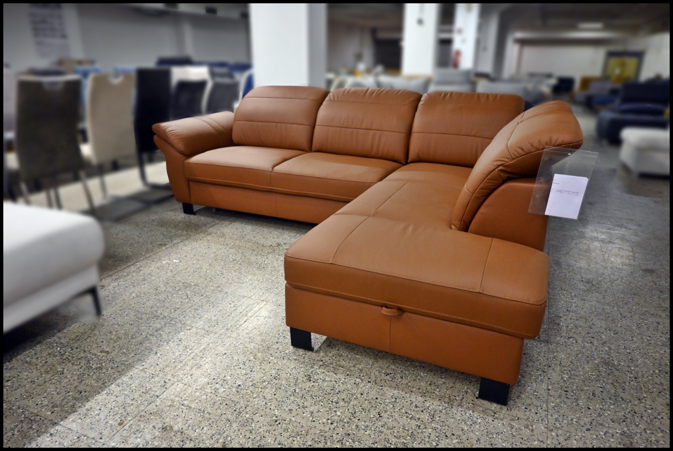 Polsterecke Mantua Leder cognac – mit Bettfunktion, Bettkasten & Kopfteilverstellung