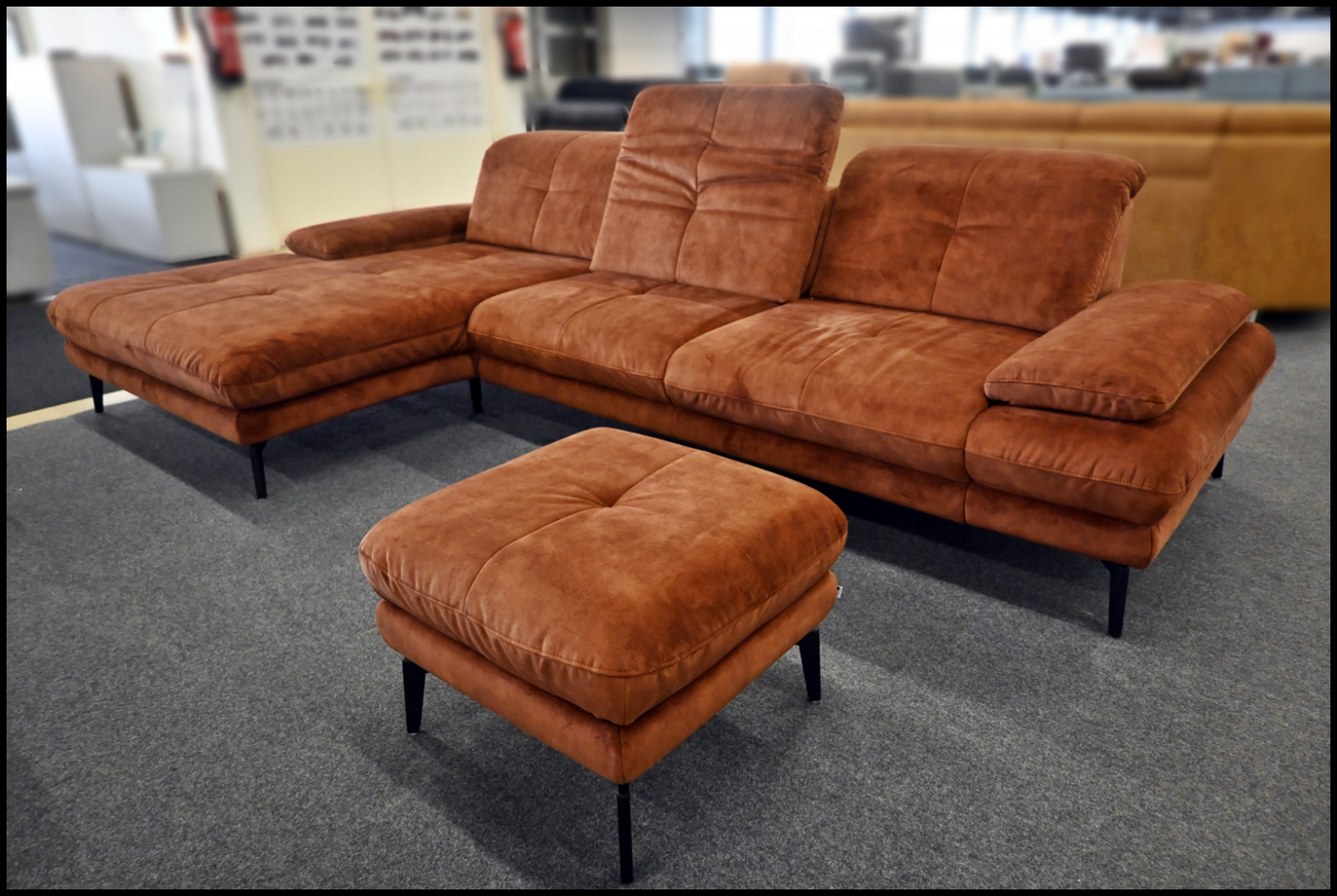 Eckgarnitur Megapol Samt Amira Kupfer mit Kopfteil- und Sitztiefenverstellung