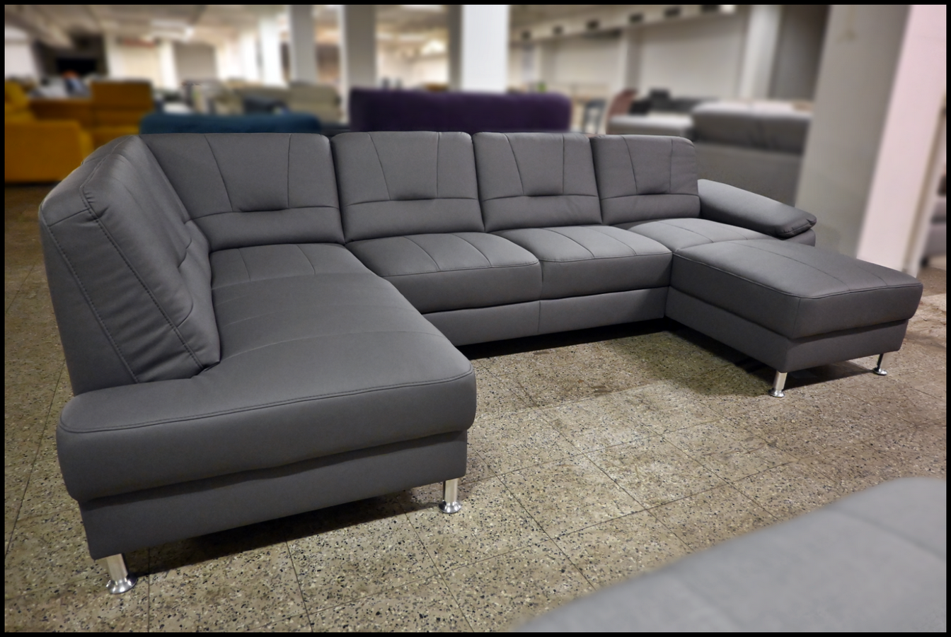Polsterecke Havanna Luxus-Kunstleder Grau mit Federkern und Chromfüßen