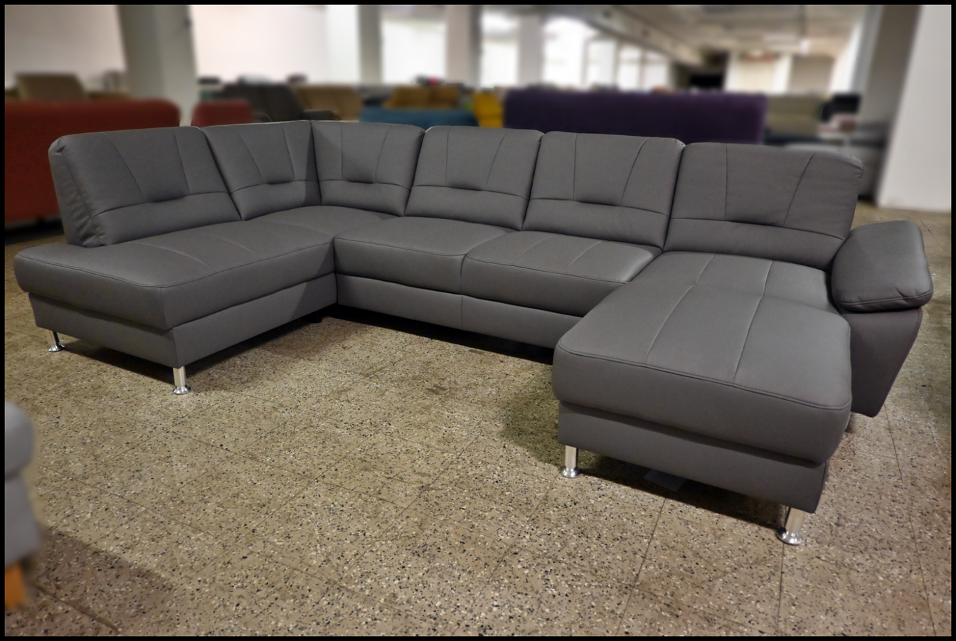 Polsterecke Havanna Luxus-Kunstleder Grau mit Federkern und Chromfüßen