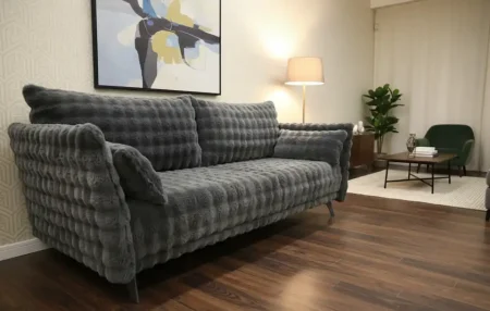 Schlafsofa Merry in Grau mit XL Bubble Bezug, Bettfunktion und Bettkasten – Frontansicht