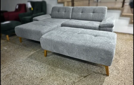 Eckgarnitur Sassari Grau – Webstoff Sofa mit Hocker