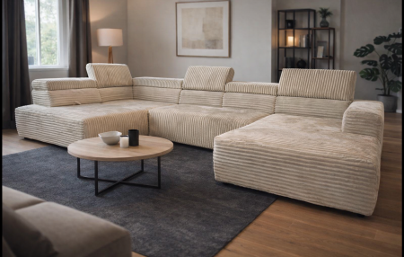 Wohnlandschaft Plüschcord Beige – Sofa mit Bettfunktion