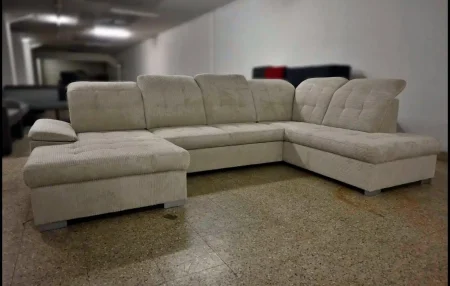 XXL Wohnlandschaft Cord Beige – mit Bettfunktion